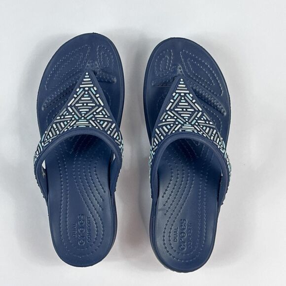 Crocs Monterey Flip Flop Sandals Shoes Womens 7 Wedge Comfort Navy Embellished